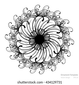 Vector circular abstract ornament pattern. Round ornament on white background. Original circular ornament in black color. Vector ornament pattern for various use. Ornament in mandala style.