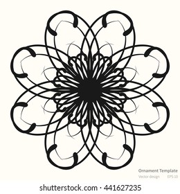 Vector circular abstract ornament pattern. Round ornament on light background. Original circular ornament in dark color. Ornament is in outlines. Vector ornament pattern for various use.