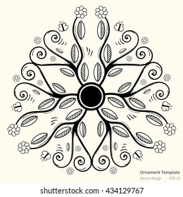 Vector circular abstract ornament. Round vector floral ornament on light background. Stylish ornament in black color with leaves, flowers and butterflies. Mandala style ornament for various use.