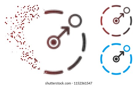 Vector circular area border icon in dispersed, dotted halftone and undamaged entire variants. Disappearing effect uses rectangle particles and horizontal gradient from red to black.