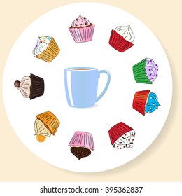 Vector circular background with  Fancy colorful Cupcakes