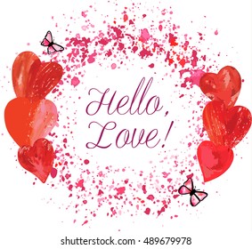A vector circular border for text or logo, formed by hand painted pink butterflies and print stamped hearts, with splashes of watercolor