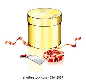 Caja de regalo de color circular VECTOR con etiqueta y cinta de oro rojo