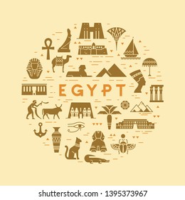 Vector circular concept of icons on the theme of sights and symbols of Egypt with space for text. All icons are isolated on the background and drawn with a flat style.