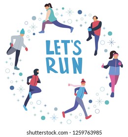 Vector circular concept of running and warming up people, snowflakes and lettering phrase Let's run in the center.Concept for articles about sports, advertising sportswear for jogging