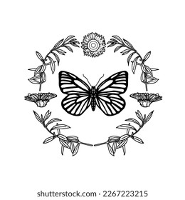 Vector circular design of flowers and leaves with a butterfly silhouette in the middle