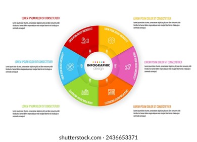  Diagrama circular vectorial dividido en seis secciones coloridas con iconos que representan estrategias de desarrollo de inicio. 