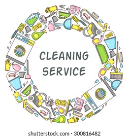 Vector circular doodle  illustration of cleaning equipment .Hand made.Great for promoting and merchandising. Cleaning service. Cleaning supplies