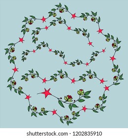 Vector circular floral ornament illustration with flowers, branches, buds