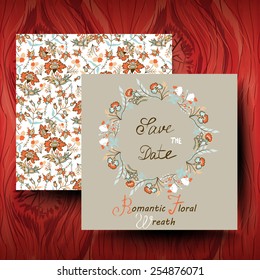 Vector circular floral wreaths with flowers. Wedding invitation card with floral background.