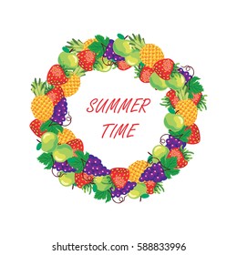Vector circular frame background with strawberries, pineapple, grapes and apples.