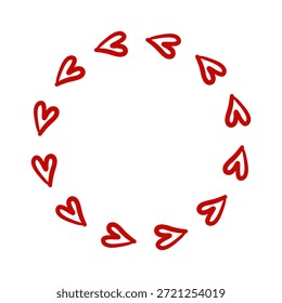 Vector circular frame with cute red hand drawn outline heart in doodle style on white background, romantic wreath border for valentine greeting card, love note, wedding invitation, label, tag sign.