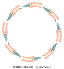 Vector circular frame made of garden pruner. Flat minimal illustration on white background, perfect for gardening themes, spring designs, floral branding, eco projects, invitations, posters, templates