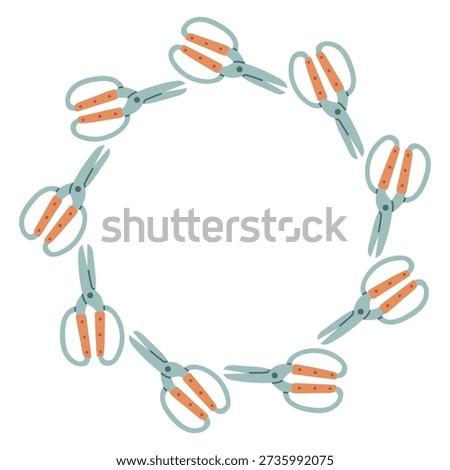 Vector circular frame made of garden scissors. Flat minimal illustration on white background, ideal for gardening themes, spring designs, DIY projects, floral branding, templates, posters, invitations