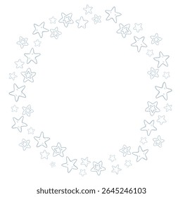 Quadro circular vetorial de estrelas contornadas. Ilustração linear de grinalda para cartões de cumprimentos de chá de bebê ou convites de aniversário infantis. Desenho de contorno de borda para crianças estacionárias.