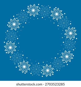 Marco circular de Vector de copos de nieve y granos de nieve. Frontera redonda festiva para el diseño de invierno. Silueta de borde de copo de nieve blanco con espacio de copia sobre fondo azul