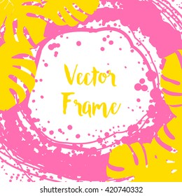 Vector circular frame with tropical leaves of palm and ink blots