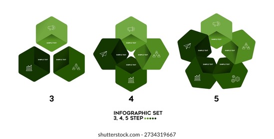 Vector circular hexagon infographic set. template for presentation business infographic, 3, 4, 5, options steps parts. venn diagram sets. vector editable eps