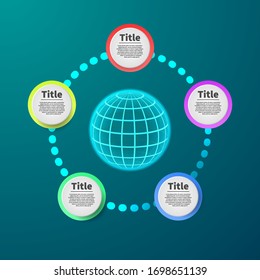 Esquema de infografía circular vectorial, plantilla para negocios, presentaciones, diseño web con cinco opciones. Esfera.  Fondo turquesa.