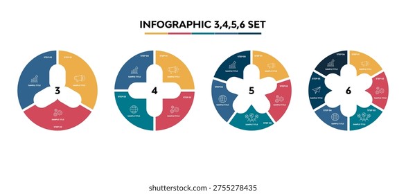Vector circular infographic set. template for presentation business infographic, 3, 4, 5, 6, options steps parts. venn diagram sets. vector editable eps