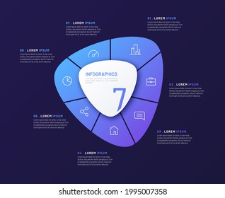 Vector circular infographic template in the form of abstract shape divided by seven parts.