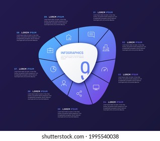Vector circular infographic template in the form of abstract shape divided by nine parts.