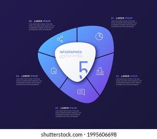 Vector circular infographic template in the form of abstract shape divided by five parts.