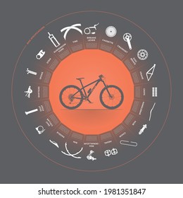 Vector circular infographics - mountain bike specifications with icons of individual parts. An image with lots of details. Dark background.
