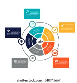 Vector circular infographics. The pattern of the 5 options with symbols and space for text. Business concept for presentations, web design, a circular graph.