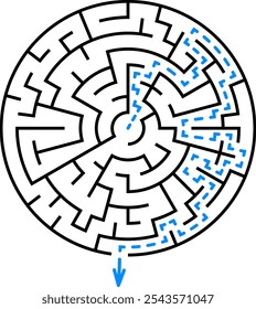 Labirinto circular vetorial. Nível de dificuldade - fácil. Labirinto dentro do círculo. Solução incluída - rota de passagem colorida. Jogo de lógica para crianças pequenas de 2 a 5 anos.