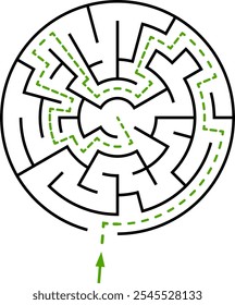 Vector circular labyrinth. Difficulty level - easy. Maze inside the circle. Solution included - colorful passing route. Logic game for young children from 2 to 5 age.