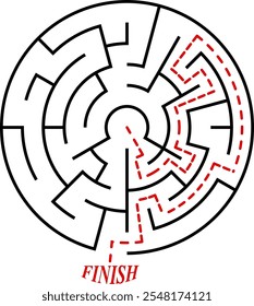 Vector circular labyrinth. Difficulty level - easy. Maze inside the circle. Solution included - colorful passing route. Logic game for young children from 2 to 5 age.