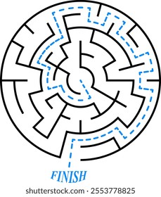 Vector circular labyrinth. Difficulty level - easy. Maze inside the circle. Solution included - colorful passing route. Logic game for young children from 2 to 5 age.