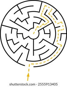 Vector circular labyrinth. Difficulty level - easy. Maze inside the circle. Solution included - colorful passing route. Logic game for young children from 2 to 5 age.