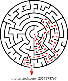 Vector circular labyrinth. Difficulty level - easy. Maze inside the circle. Solution included - colorful passing route. Logic game for young children from 2 to 5 age.