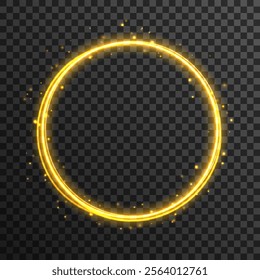 Vector circular light beam isolated on transparent background. Ethereal light portal sign with strange. Magic gold circle.  Bokeh glitter round ellipse line with flying sparkling flash lights.