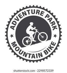 Vector circular logo of a cyclist riding a bike with an inscription: adventure park mountain bike. Isolated on white background.