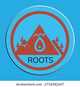 Logotipo circular vetorial com montanhas, pinheiros e gota de água com texto 'ROOTS'