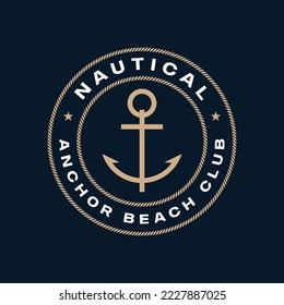 Vector circular nautical symbol formed by a tangled rope and an anchor in the middle. Blue background.