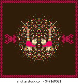 Vector circular ornament and frame with cat and pattern in national Russian style. Design for Valentines day