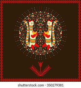 Vector circular ornament and frame with cat and pattern in national Russian style. Design for Valentines day