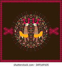 Vector circular ornament and frame with deer and pattern in national Russian style. Design for Valentines day