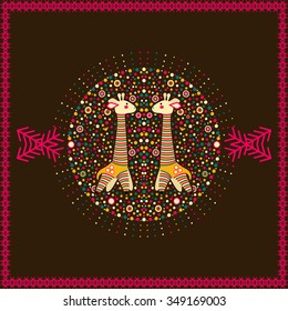 Vector circular ornament and frame with giraffe and pattern in national Russian style. Design for Valentines day