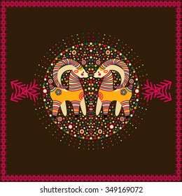 Vector circular ornament and frame with goat and pattern in national Russian style. Design for Valentines day