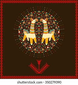 Vector circular ornament and frame with goat and pattern in national Russian style. Design for Valentines day