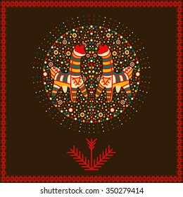 Vector circular ornament and frame with horse and pattern in national Russian style. Design for Valentines day