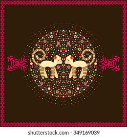 Vector circular ornament and frame with monkey and pattern in national Russian style. Design for Valentines day