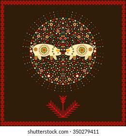 Vector circular ornament and frame with pig and pattern in national Russian style. Design for Valentines day