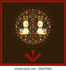 Vector circular ornament and frame with rabbit and pattern in national Russian style. Design for Valentines day