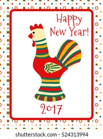 Vector circular ornament and frame with rooster and pattern in national Russian style. Design for card, dish, plate, napkin